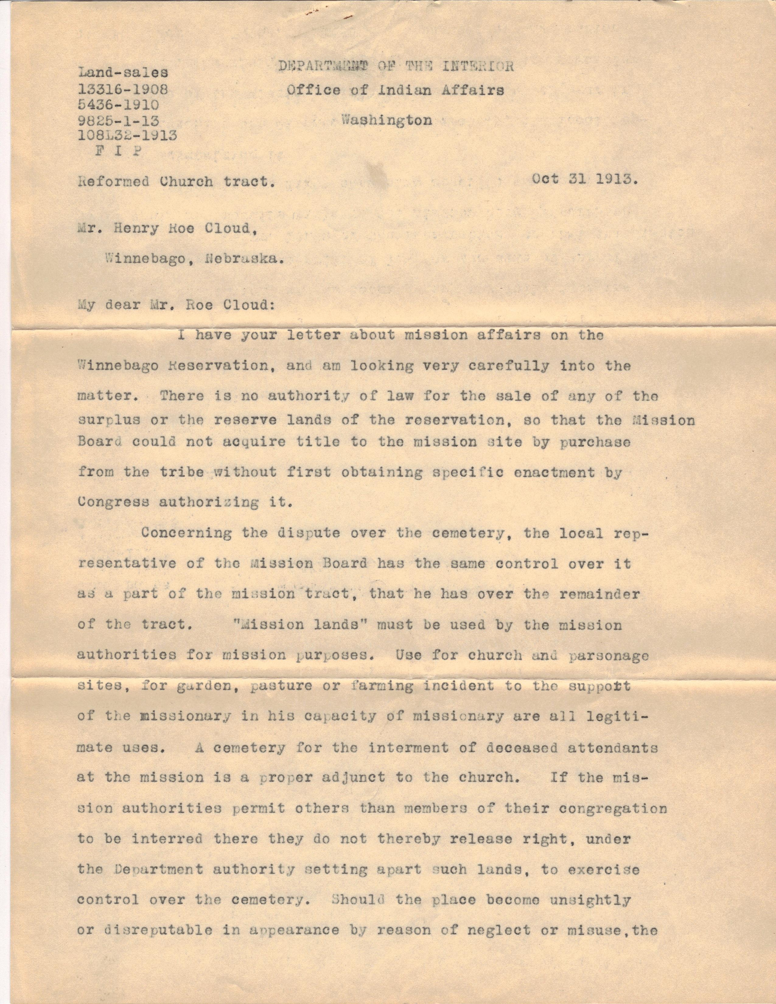 October 31, 1913: Regarding use of cemetary land (1)
